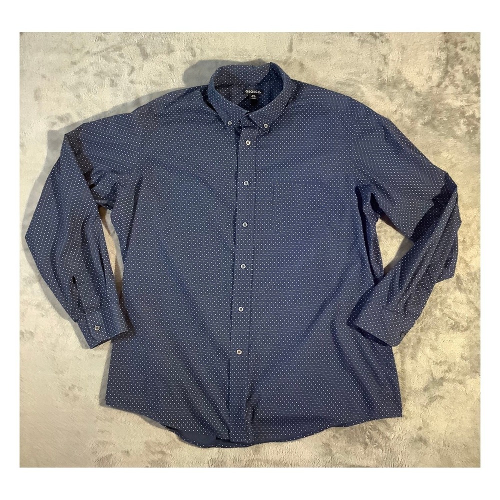 George Men's Polka Dot‎ Long Sleeve Button-Up Shirt XL Blue